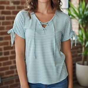 French‎ Laundry Striped Lace-up Tee Aqua/White 3x Plus size